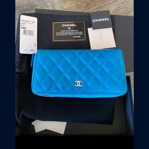 ❌SOLD❌. CHANEL Turquoise Quilted Patent Leather L Gusset Zip Wallet
